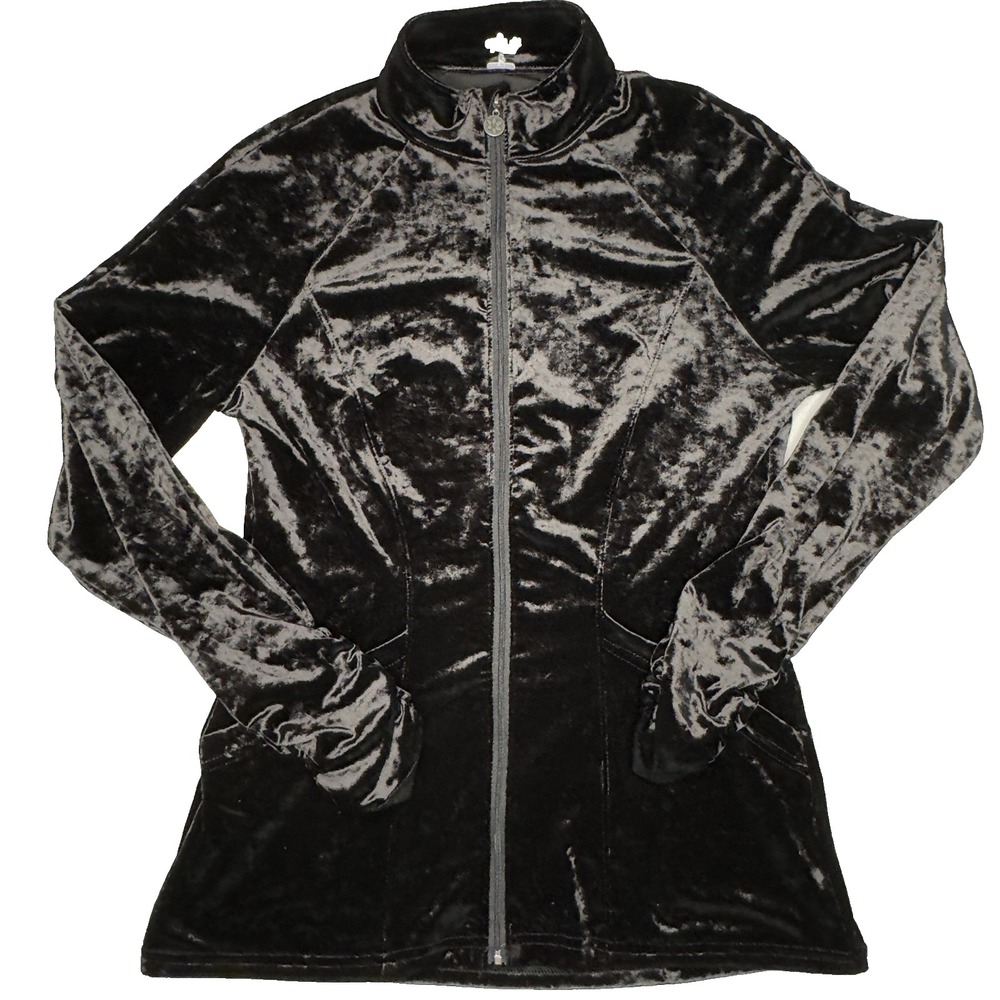 Tzu Tzu Womens Black Crushed Velvet Full Zip Mock Neck Jacket Made in USA‎ Large